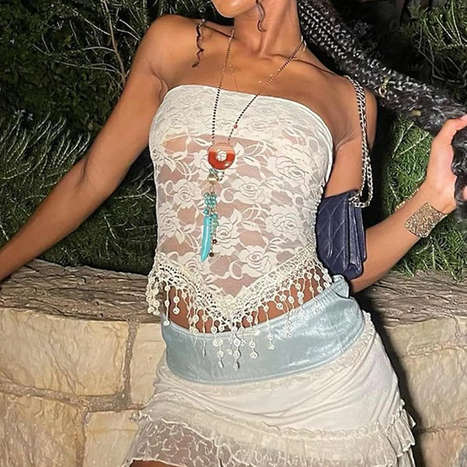 2024 Summer Vacation Outfits for Women Trendy Sexy Lace Plunge Tassel Tank Slim Peplum Off The Shoulder Crop Top