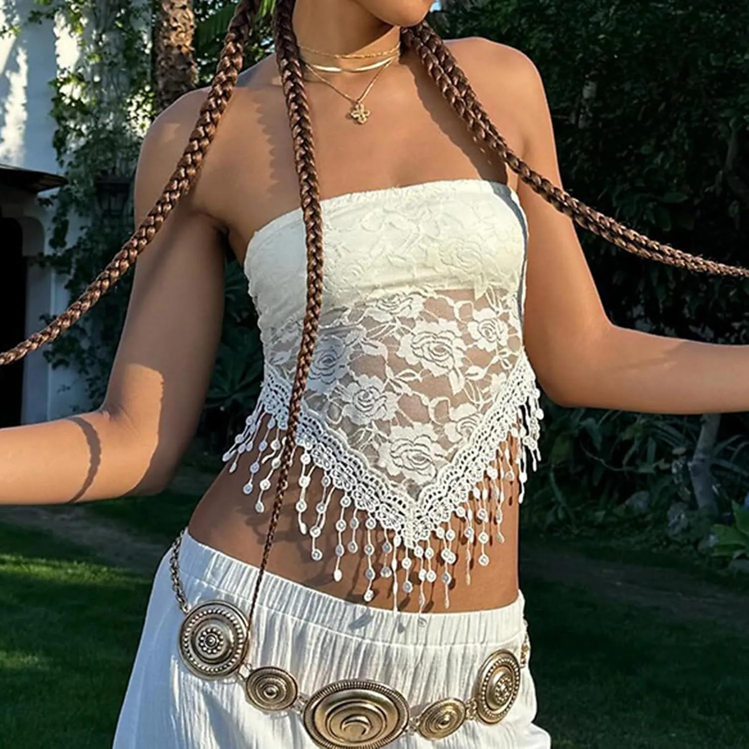 2024 Summer Vacation Outfits for Women Trendy Sexy Lace Plunge Tassel Tank Slim Peplum Off The Shoulder Crop Top