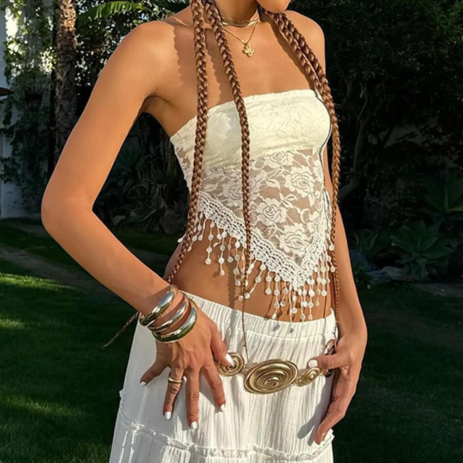 2024 Summer Vacation Outfits for Women Trendy Sexy Lace Plunge Tassel Tank Slim Peplum Off The Shoulder Crop Top