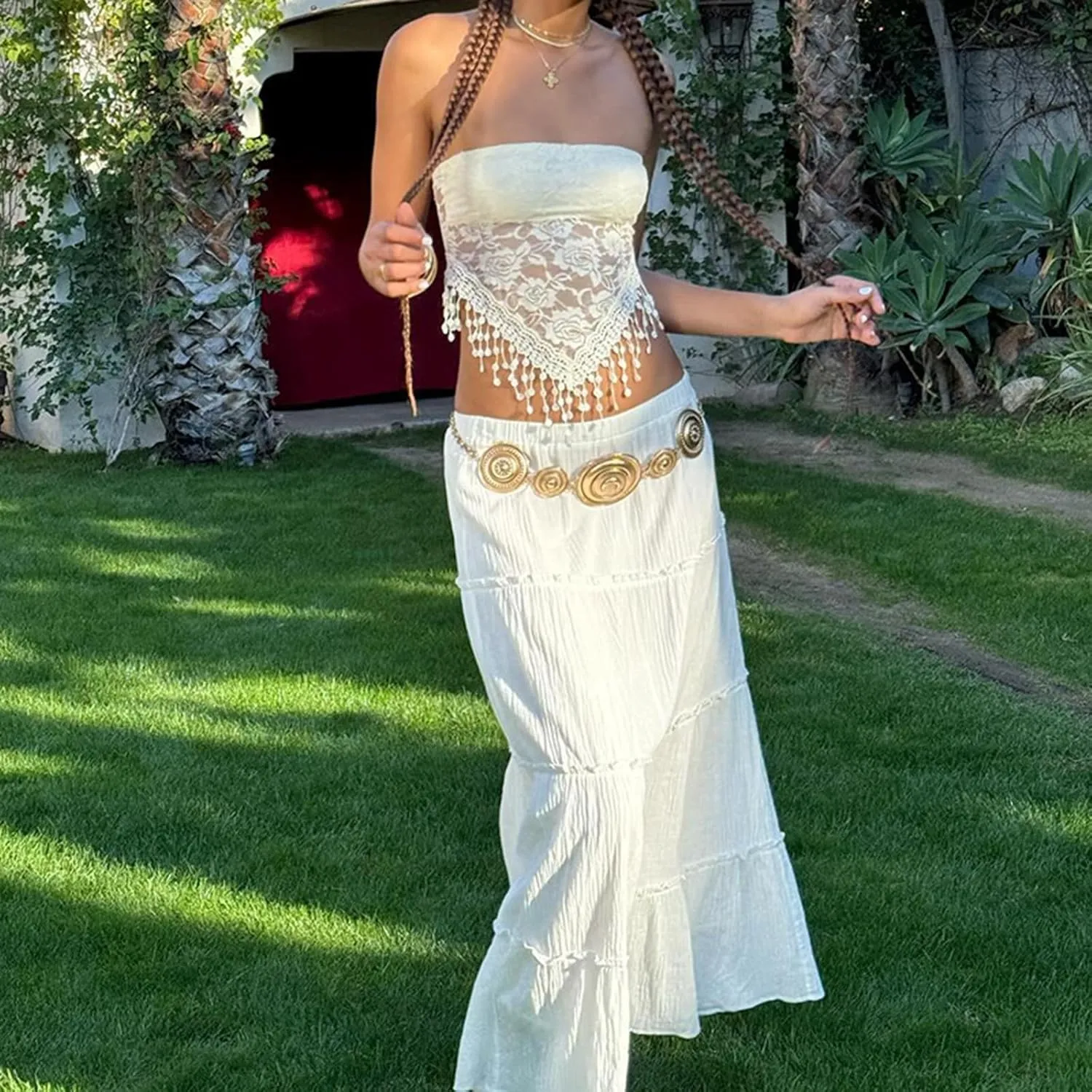 2024 Summer Vacation Outfits for Women Trendy Sexy Lace Plunge Tassel Tank Slim Peplum Off The Shoulder Crop Top