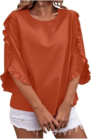 2025 Ruffle Bat Sleeve T Shirt for Women Boat Neck Tops Loose Dressy Casual Shirts Spring Summer Blouses Tees