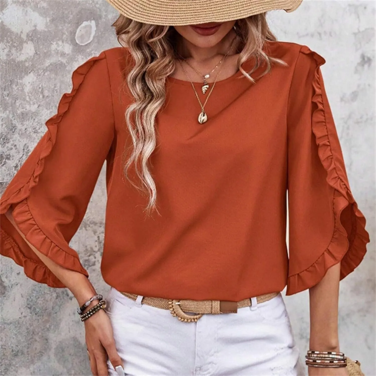 2025 Ruffle Bat Sleeve T Shirt for Women Boat Neck Tops Loose Dressy Casual Shirts Spring Summer Blouses Tees