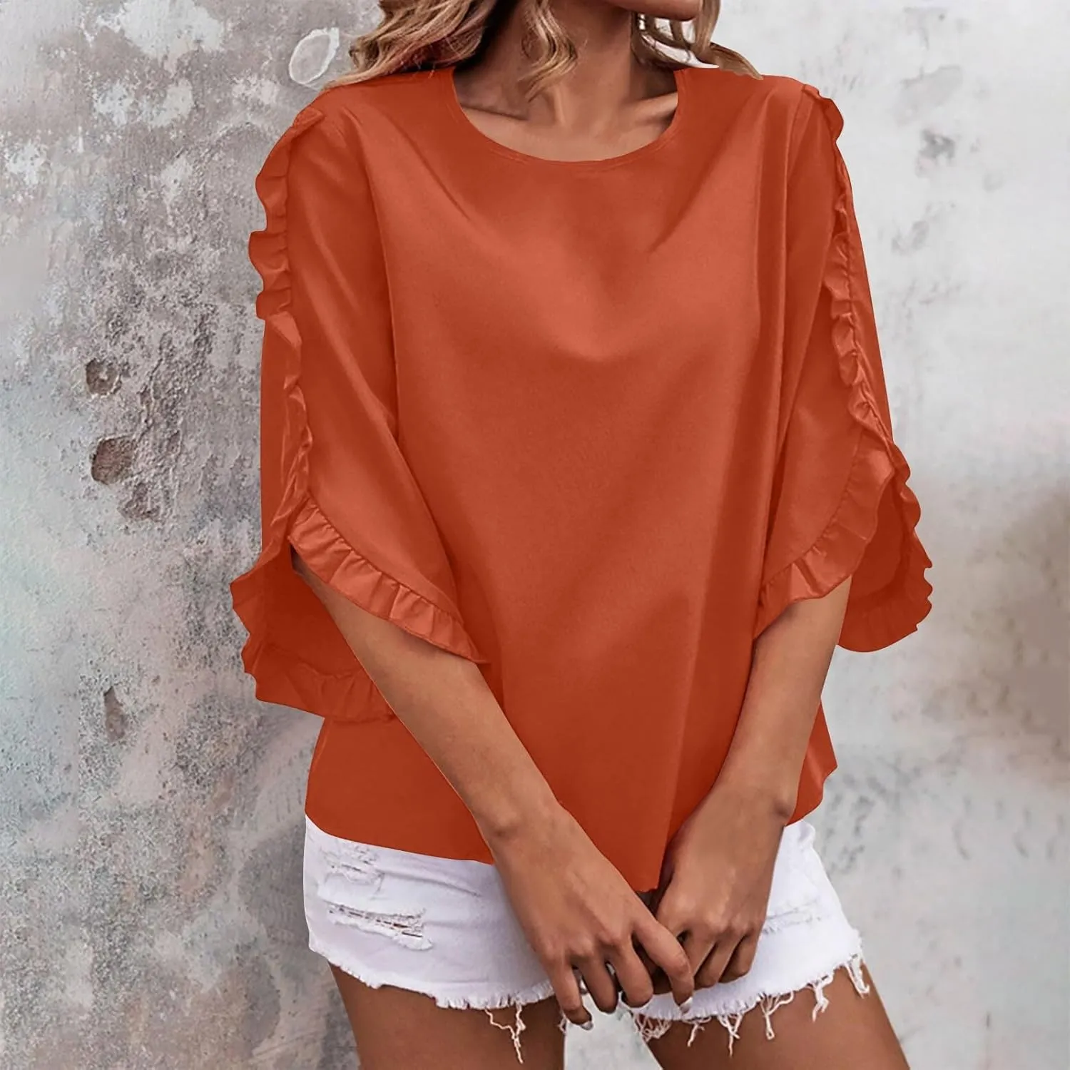 2025 Ruffle Bat Sleeve T Shirt for Women Boat Neck Tops Loose Dressy Casual Shirts Spring Summer Blouses Tees