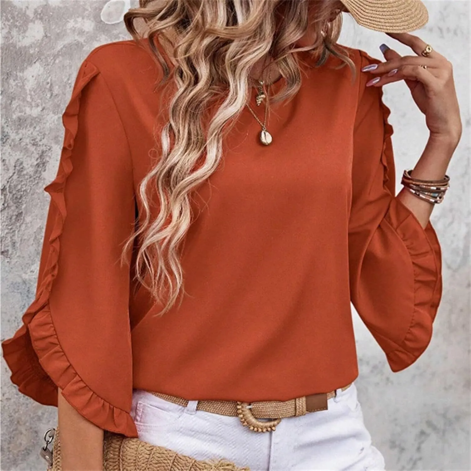 2025 Ruffle Bat Sleeve T Shirt for Women Boat Neck Tops Loose Dressy Casual Shirts Spring Summer Blouses Tees