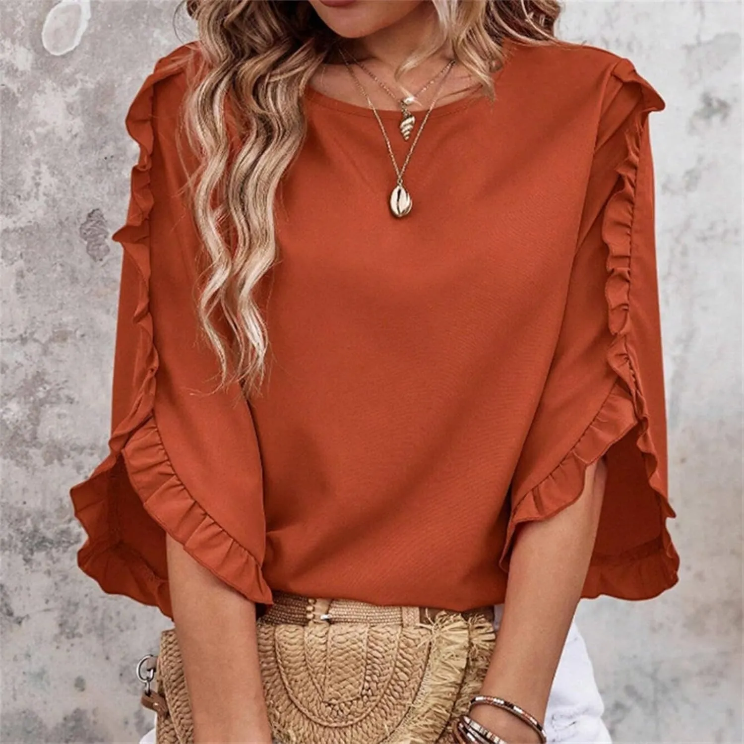 2025 Ruffle Bat Sleeve T Shirt for Women Boat Neck Tops Loose Dressy Casual Shirts Spring Summer Blouses Tees