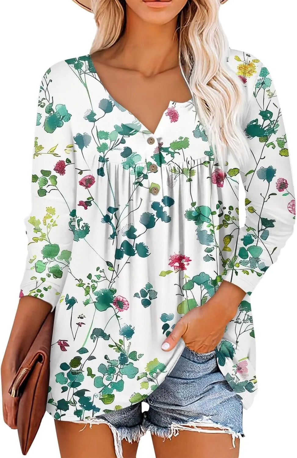 3/4 Length Sleeve Womens Tops Crew Neck Blouses Button T-Shirts Loose Tees Tunics Trendy Clothing
