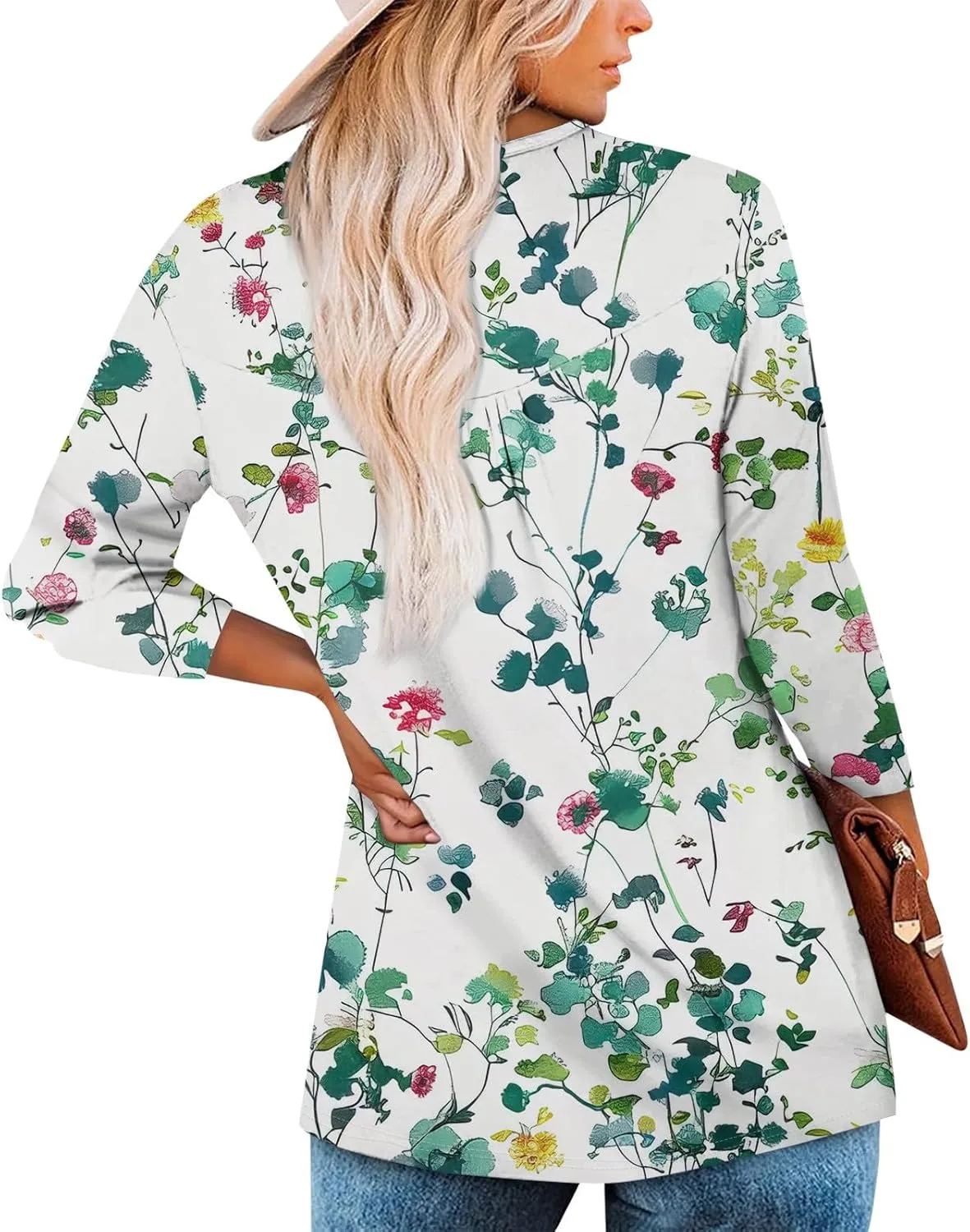 3/4 Length Sleeve Womens Tops Crew Neck Blouses Button T-Shirts Loose Tees Tunics Trendy Clothing
