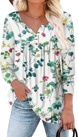 3/4 Length Sleeve Womens Tops Crew Neck Blouses Button T-Shirts Loose Tees Tunics Trendy Clothing
