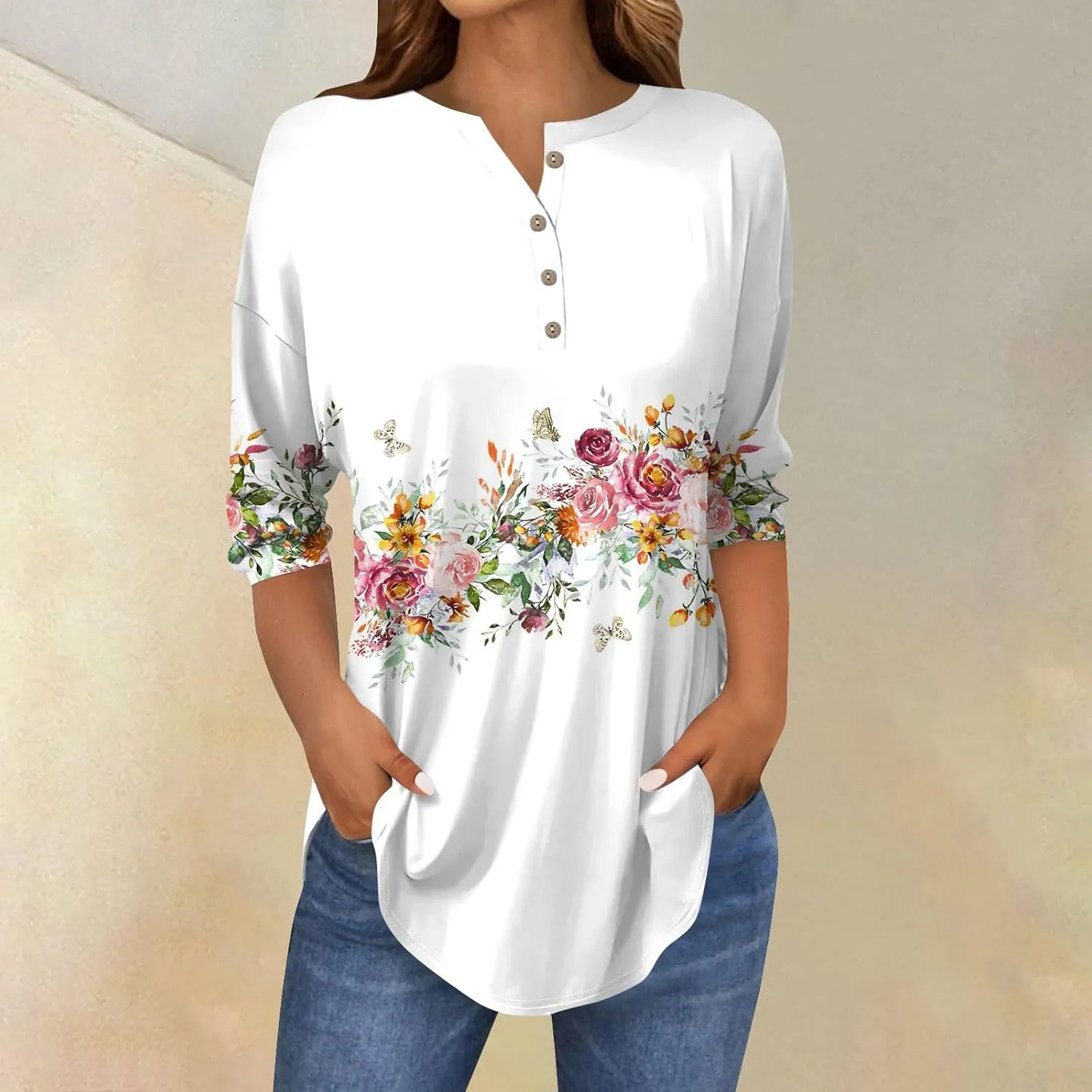3/4 Length Sleeve Womens Tops Dressy Casual Henley Neck Button Down Shirts Floral Blouses Summer Tops Tunic Top