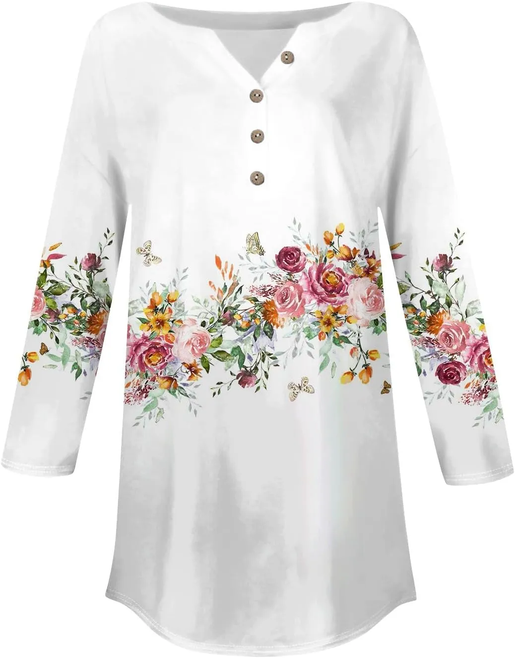 3/4 Length Sleeve Womens Tops Dressy Casual Henley Neck Button Down Shirts Floral Blouses Summer Tops Tunic Top