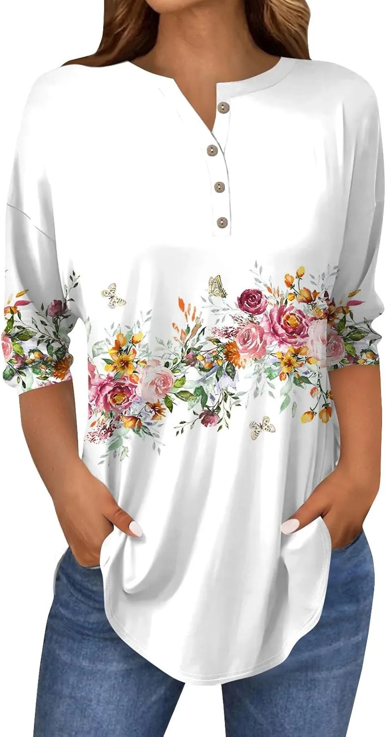 3/4 Length Sleeve Womens Tops Dressy Casual Henley Neck Button Down Shirts Floral Blouses Summer Tops Tunic Top