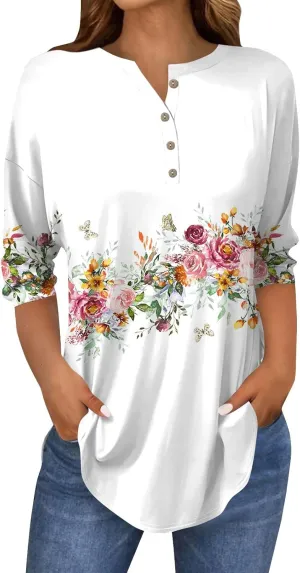 3/4 Length Sleeve Womens Tops Dressy Casual Henley Neck Button Down Shirts Floral Blouses Summer Tops Tunic Top
