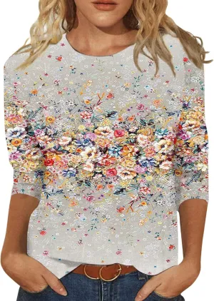 3/4 Length Sleeve Womens Tops Plus Size Spring Tops 2025 Crewneck Floral Graphic T Shirts Loose Fit Tunic Blouses