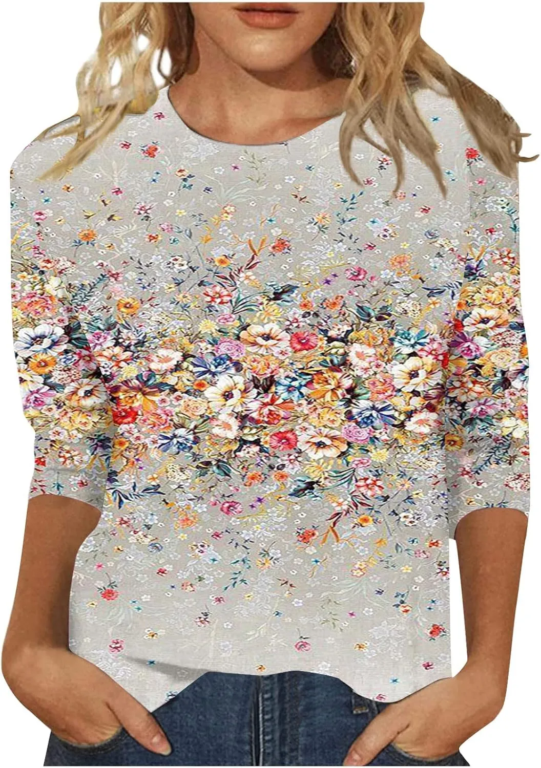3/4 Length Sleeve Womens Tops Plus Size Spring Tops 2025 Crewneck Floral Graphic T Shirts Loose Fit Tunic Blouses