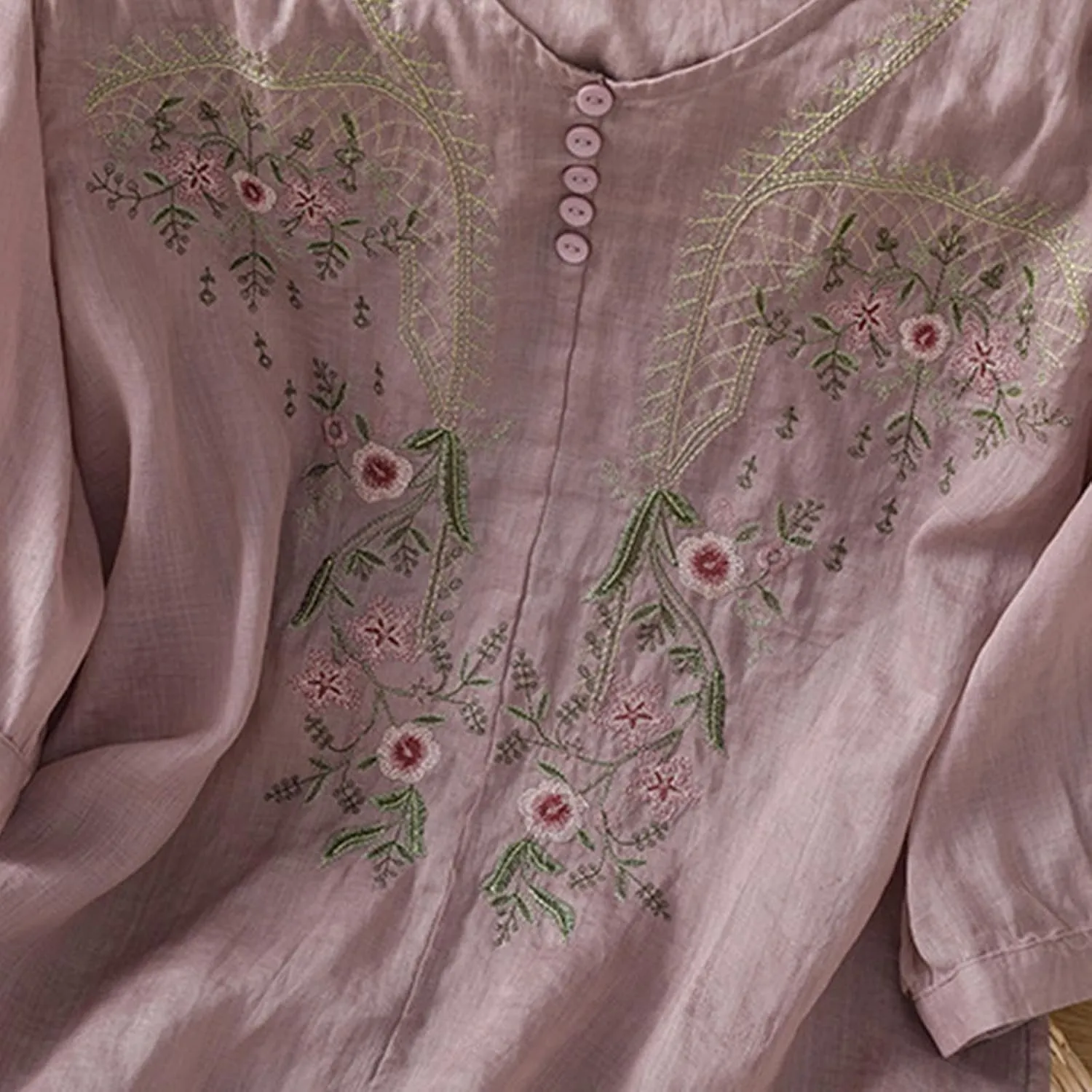 3/4 Length Sleeve Womens Tops Summer Cotton Linen Embroidered Print Chinese Shirts Casual Boho Tops Comfy Blouses