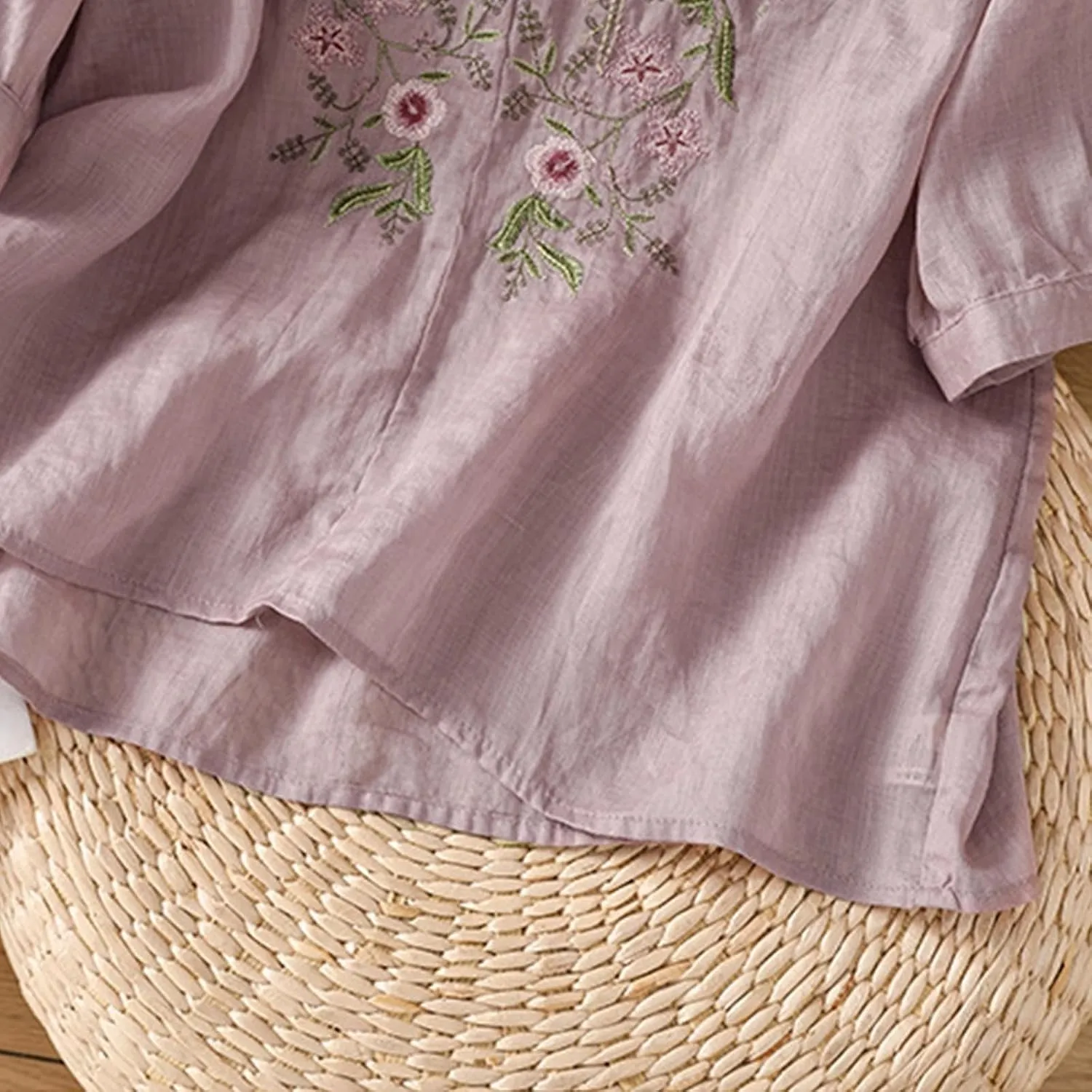 3/4 Length Sleeve Womens Tops Summer Cotton Linen Embroidered Print Chinese Shirts Casual Boho Tops Comfy Blouses