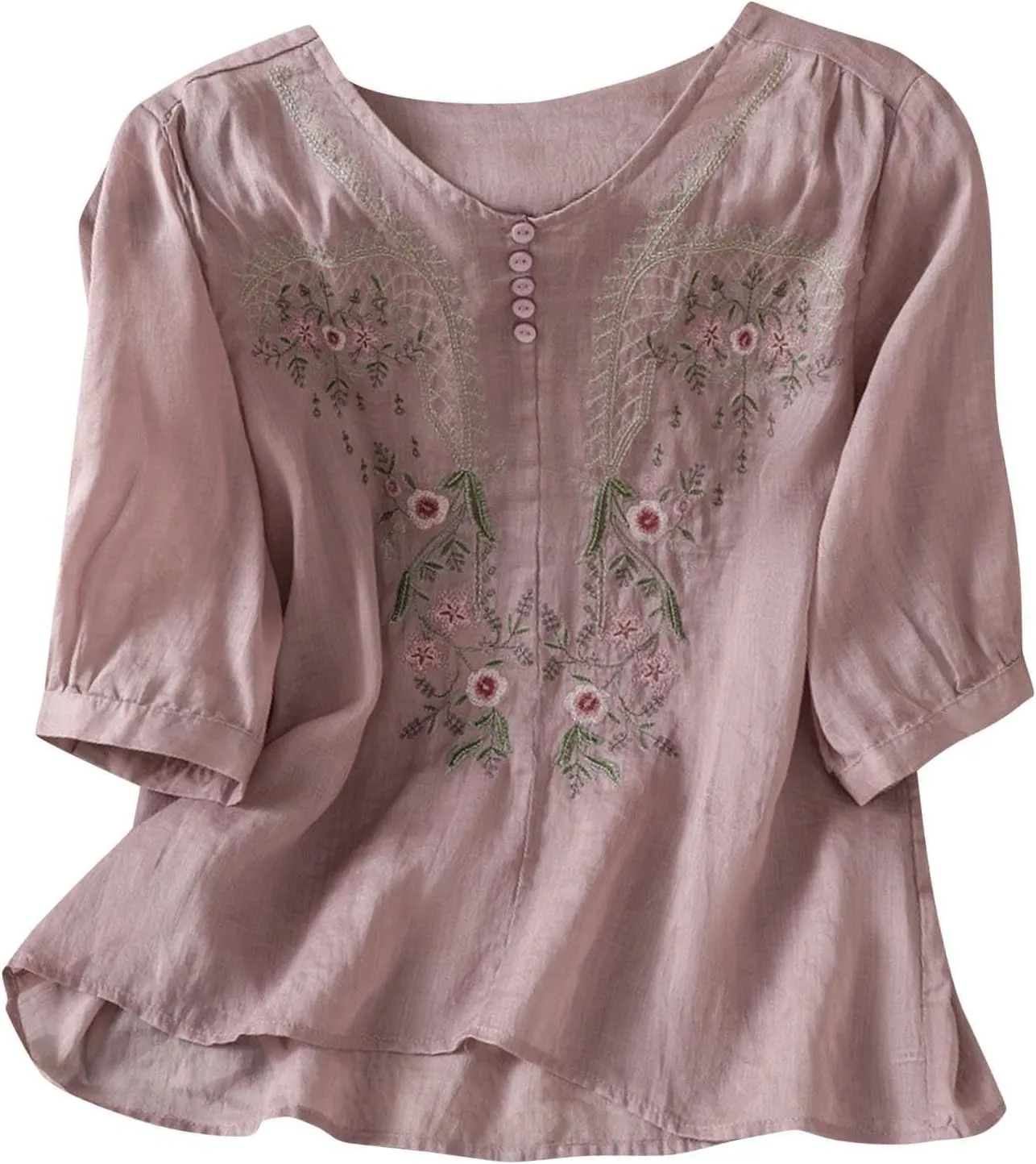 3/4 Length Sleeve Womens Tops Summer Cotton Linen Embroidered Print Chinese Shirts Casual Boho Tops Comfy Blouses