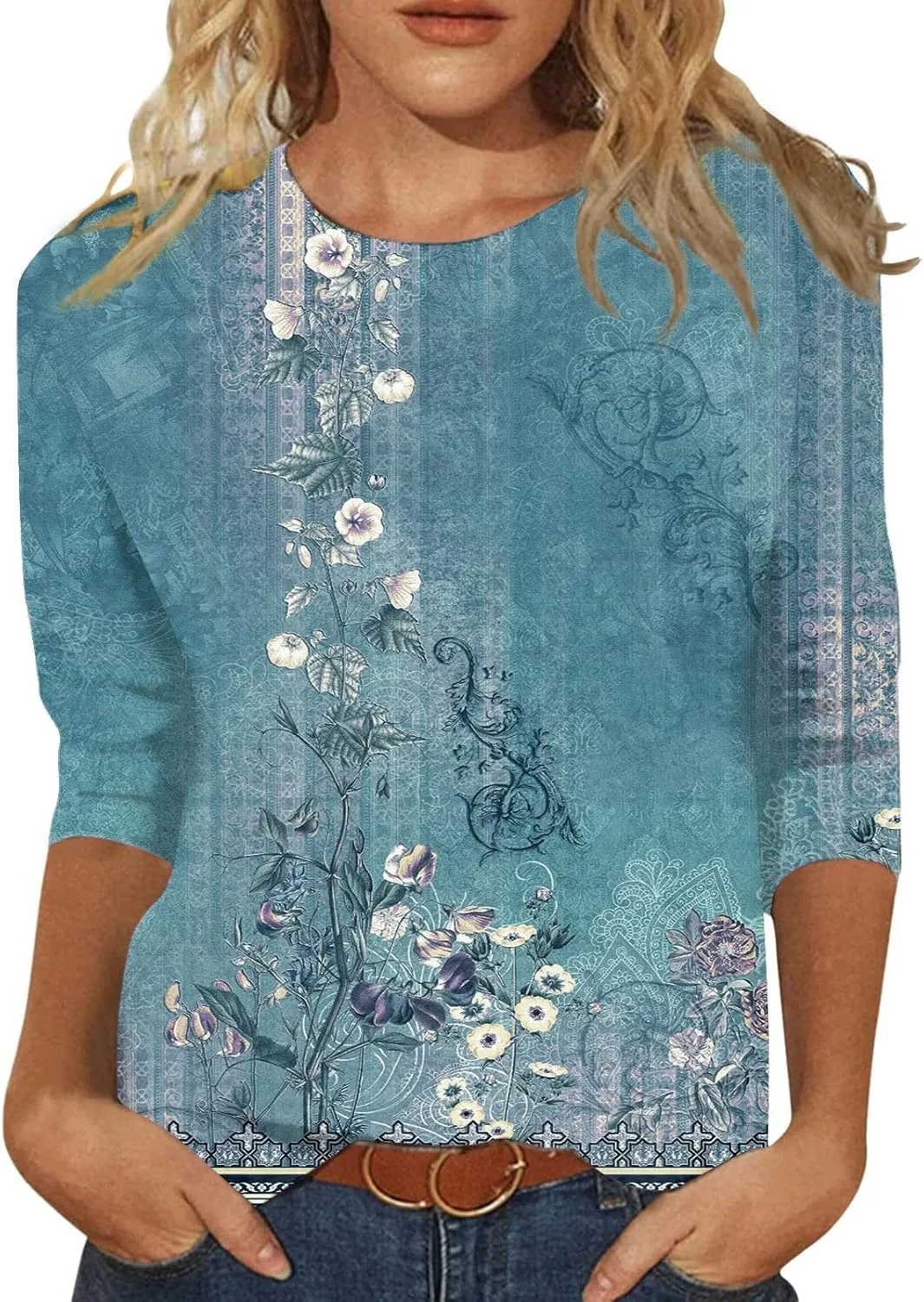 3/4 Length Sleeve Womens Tops Trendy Boho Floral Print Tunic Tops Dressy Casual Round Neck Loose Blouse