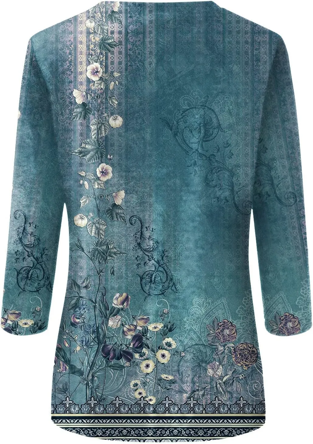 3/4 Length Sleeve Womens Tops Trendy Boho Floral Print Tunic Tops Dressy Casual Round Neck Loose Blouse