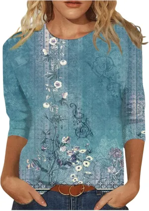 3/4 Length Sleeve Womens Tops Trendy Boho Floral Print Tunic Tops Dressy Casual Round Neck Loose Blouse