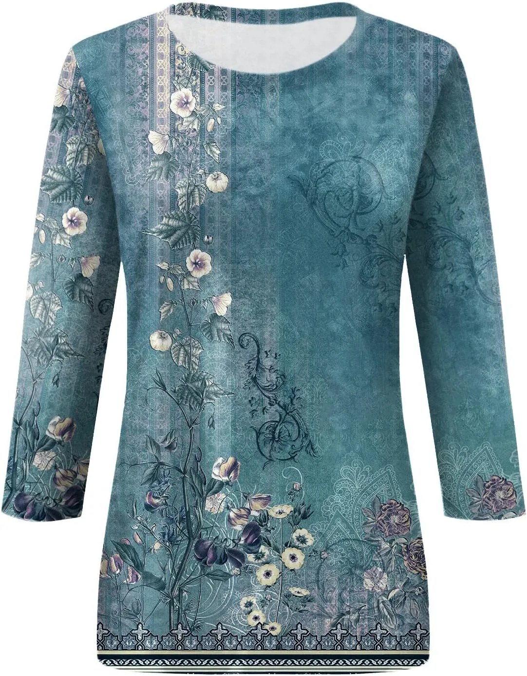 3/4 Length Sleeve Womens Tops Trendy Boho Floral Print Tunic Tops Dressy Casual Round Neck Loose Blouse