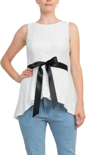 Adrianna Papell Women's Lace Tie Sleeveless Jewel Neck Peplum Top White Size 2