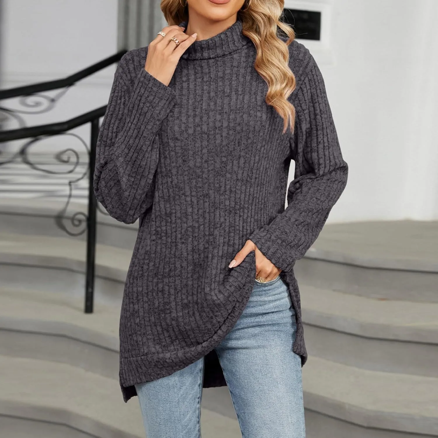 Akklian Trendy Oversized Turtleneck Sweater for Women Long Knitted Cozy Pullover Sweaters Tops 2024 Fall Winter Tunic Tops