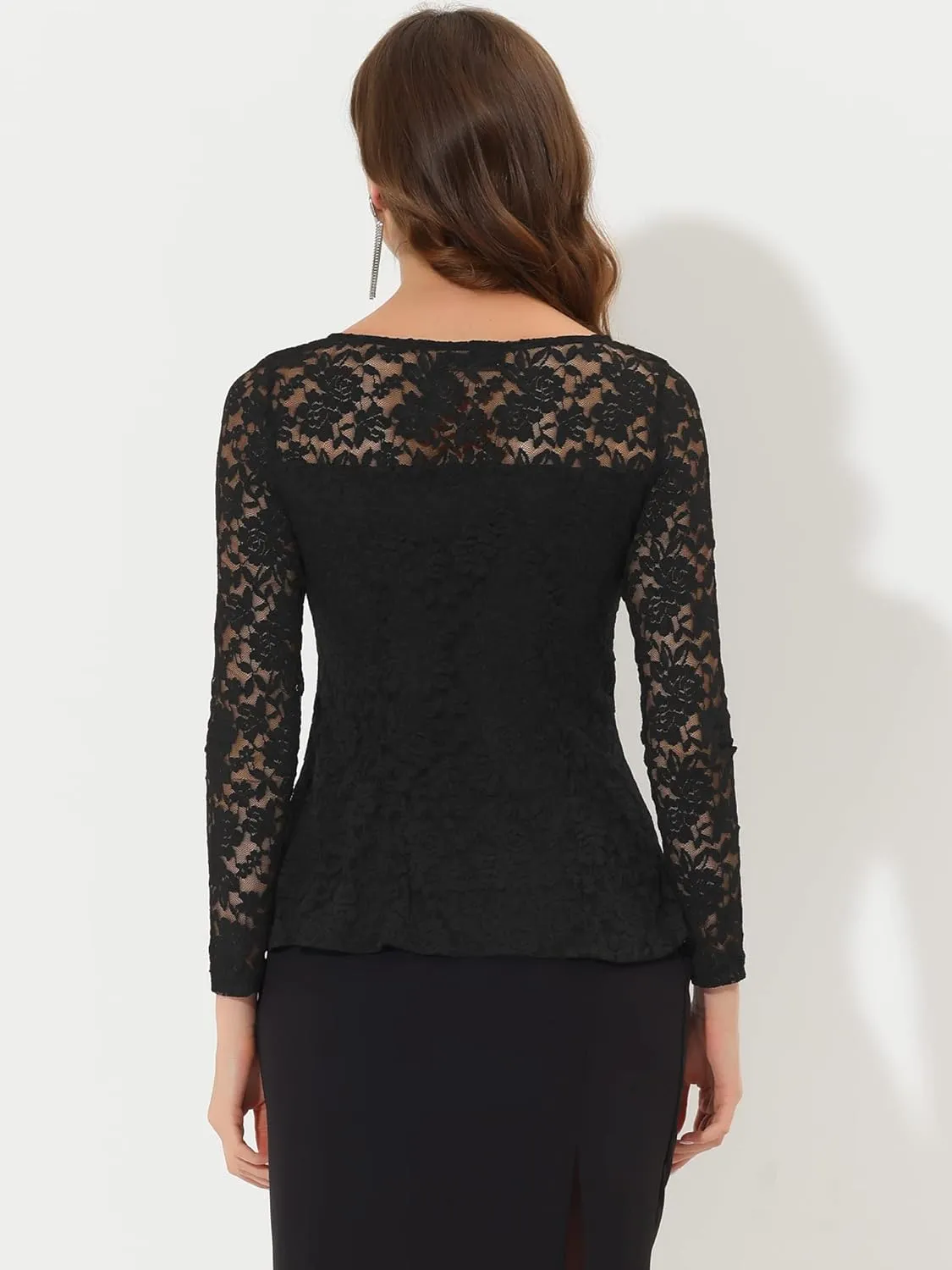 Allegra K Women's Lace Tops Keyhole Front Peplum Hem Sheer Long Sleeve Blouse