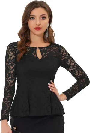 Allegra K Women's Lace Tops Keyhole Front Peplum Hem Sheer Long Sleeve Blouse