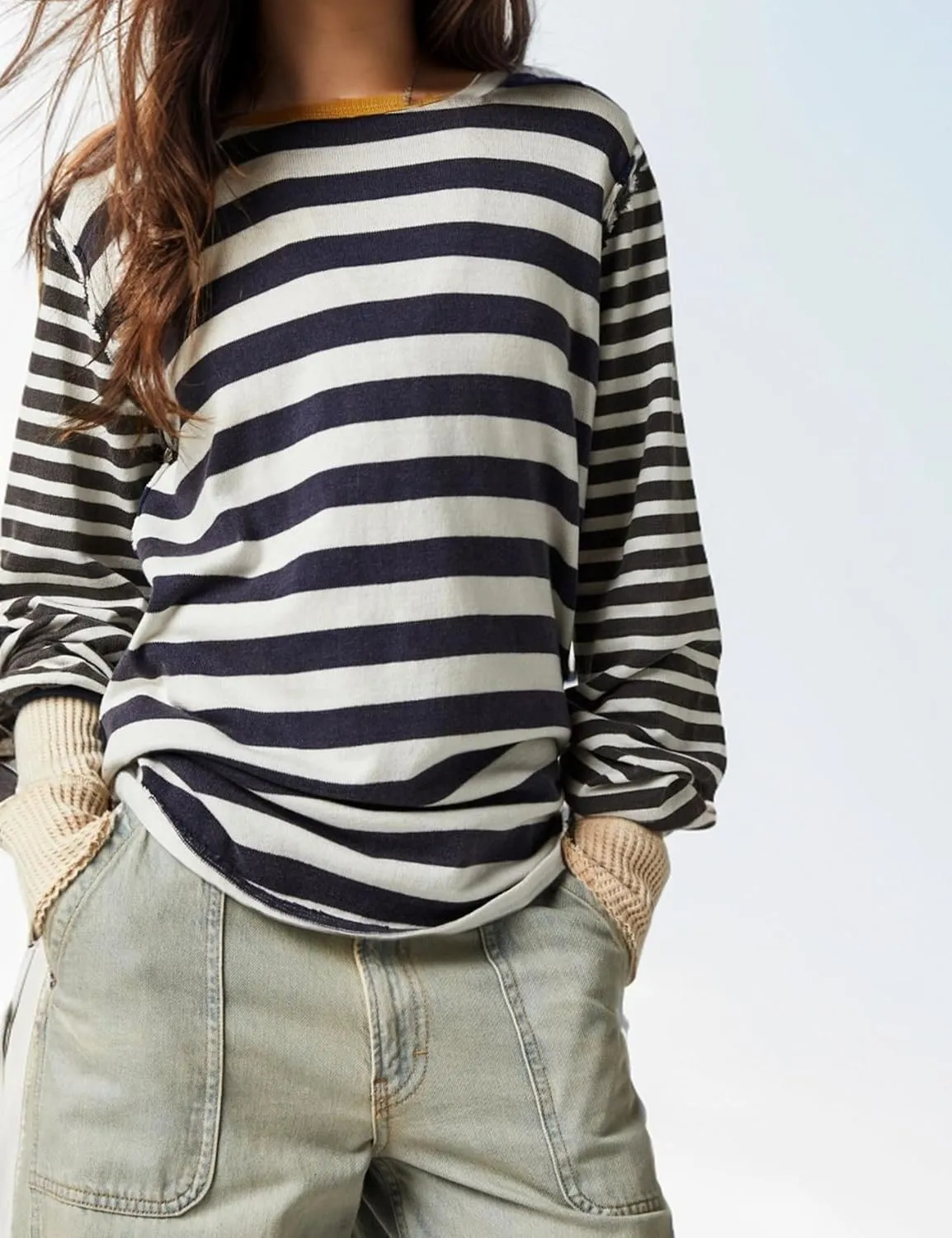 AMEBELLE Tops for Women Trendy Oversized Long Sleeve Shirts for Women Y2K Tops Stripe Tee Womens Sweatshirt