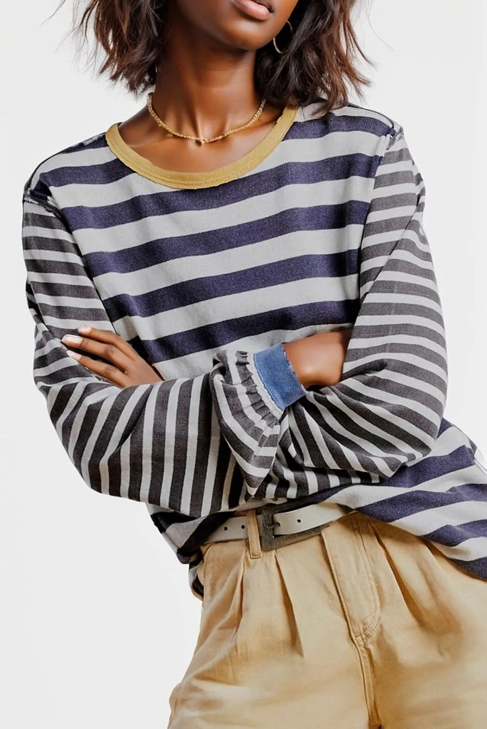 AMEBELLE Tops for Women Trendy Oversized Long Sleeve Shirts for Women Y2K Tops Stripe Tee Womens Sweatshirt