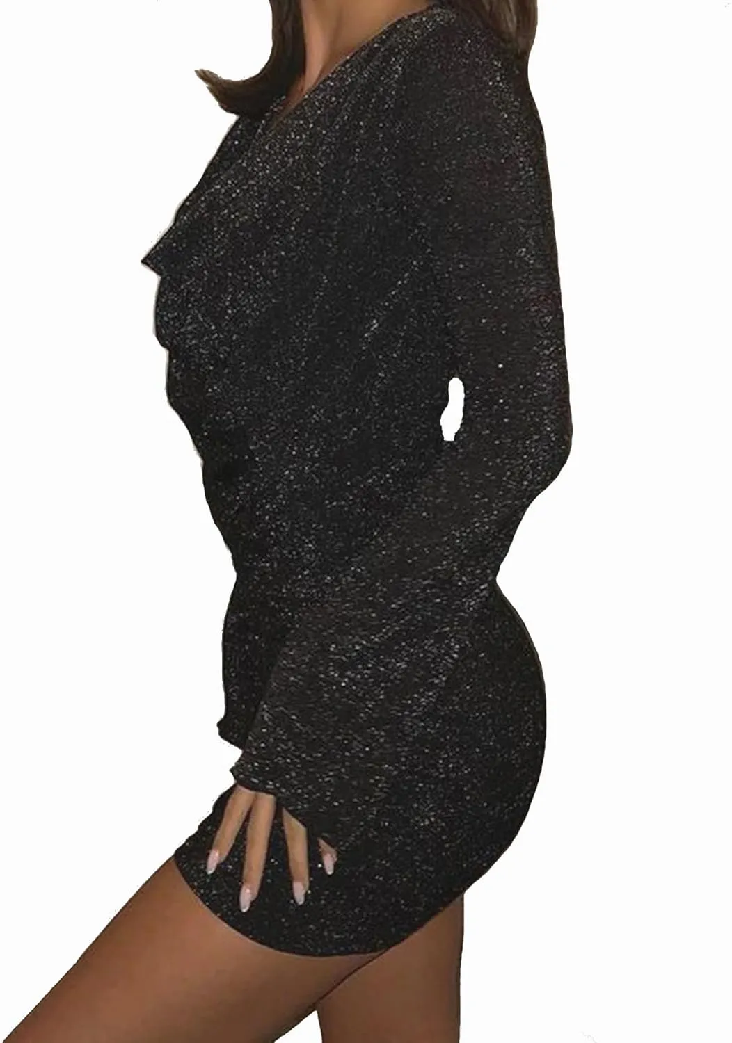 AMPOSSTO Women's Long Sleeve Dresses Ruched Slim Fit Evening Dresses Party Cocktail Bodycon Mini Dresses