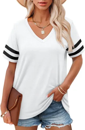 Angerella Casual Summer Tops for Women V Neck T Shirts Short Sleeve Tunic Tops Loose Fit