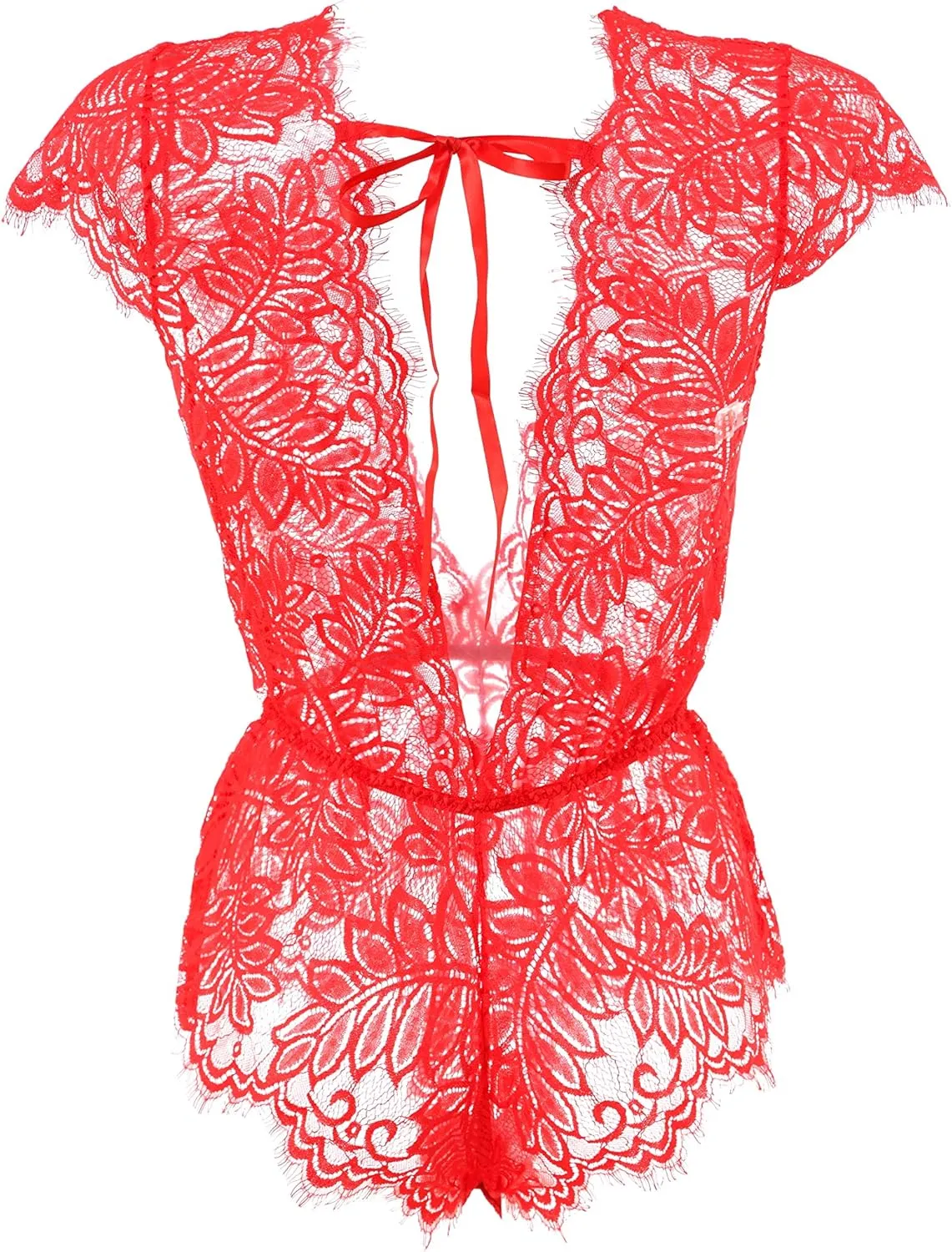 Anyou Womens Lingerie V-Neck Lace Bodysuit Mini Babydoll Featuring Plunging Eyelash Size XS-XXL