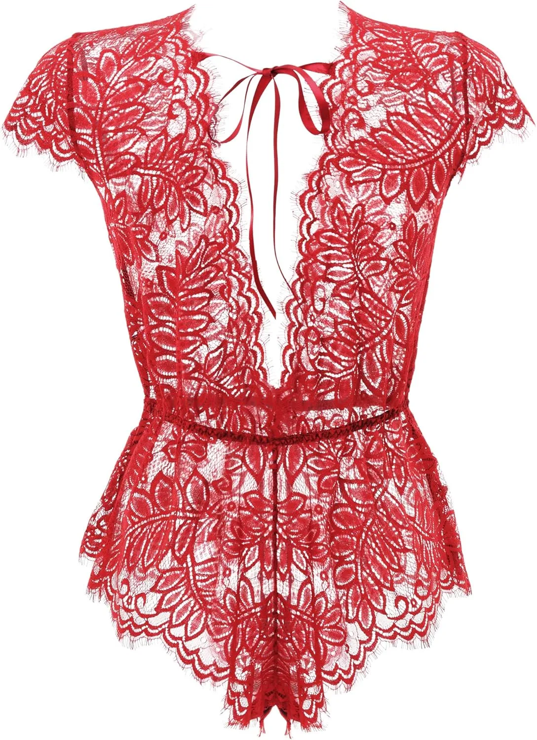 Anyou Womens Lingerie V-Neck Lace Bodysuit Mini Babydoll Featuring Plunging Eyelash Size XS-XXL
