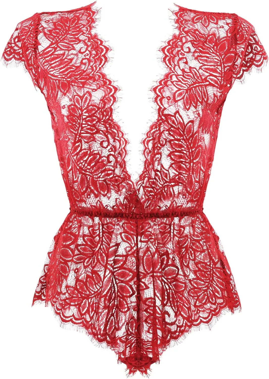 Anyou Womens Lingerie V-Neck Lace Bodysuit Mini Babydoll Featuring Plunging Eyelash Size XS-XXL