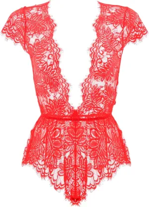 Anyou Womens Lingerie V-Neck Lace Bodysuit Mini Babydoll Featuring Plunging Eyelash Size XS-XXL