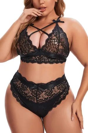 Aranmei Plus Size Lingerie Set for Women High Waisted Bra and Panty Set Sexy Criss-cross Lace Bralette Sets 2 Piece Underwear