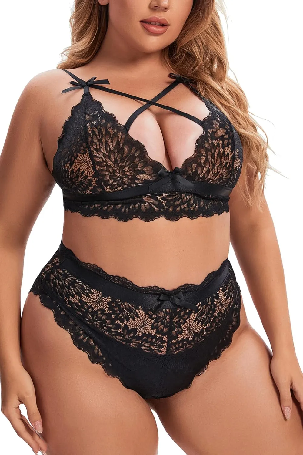 Aranmei Plus Size Lingerie Set for Women High Waisted Bra and Panty Set Sexy Criss-cross Lace Bralette Sets 2 Piece Underwear