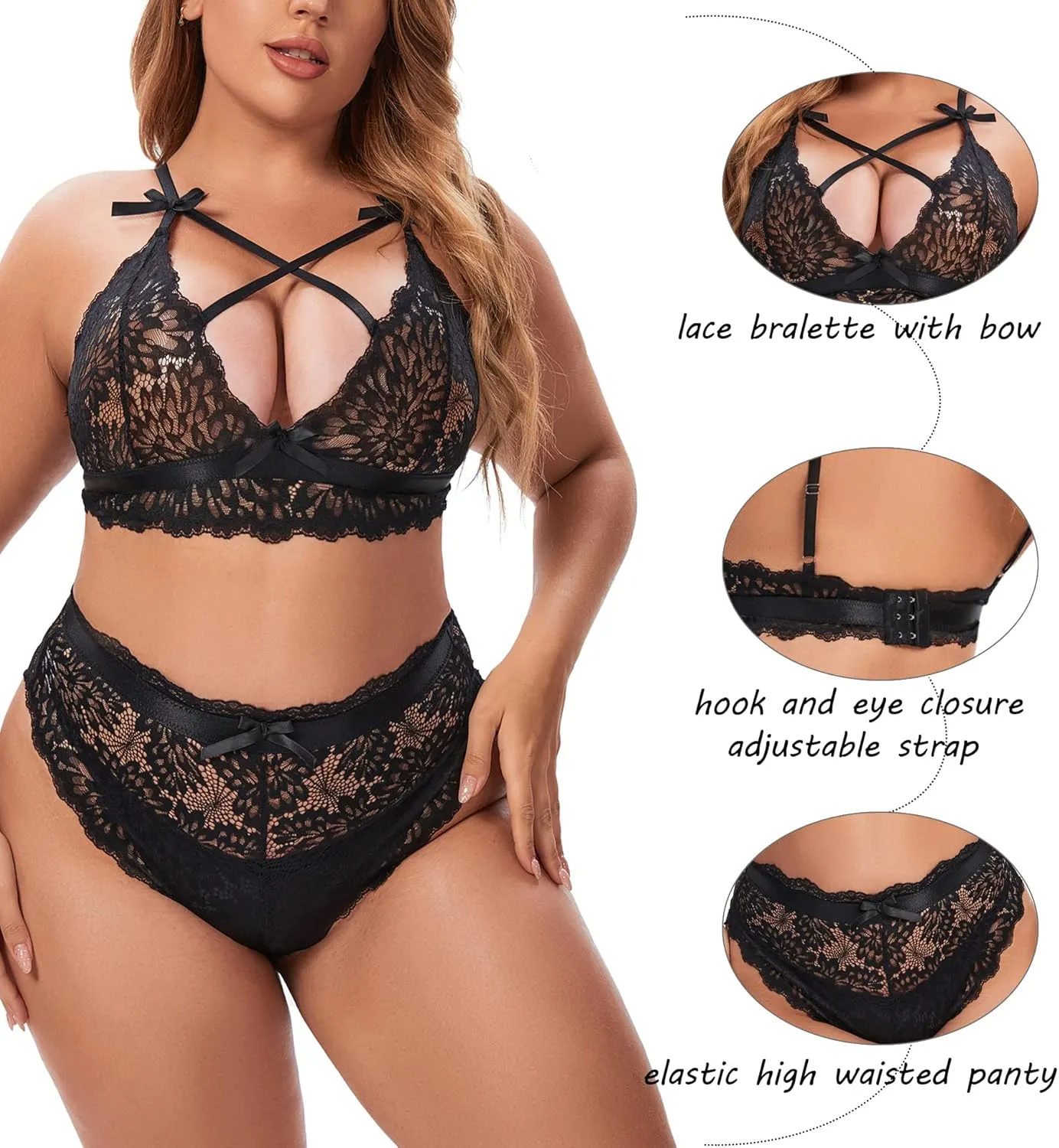 Aranmei Plus Size Lingerie Set for Women High Waisted Bra and Panty Set Sexy Criss-cross Lace Bralette Sets 2 Piece Underwear