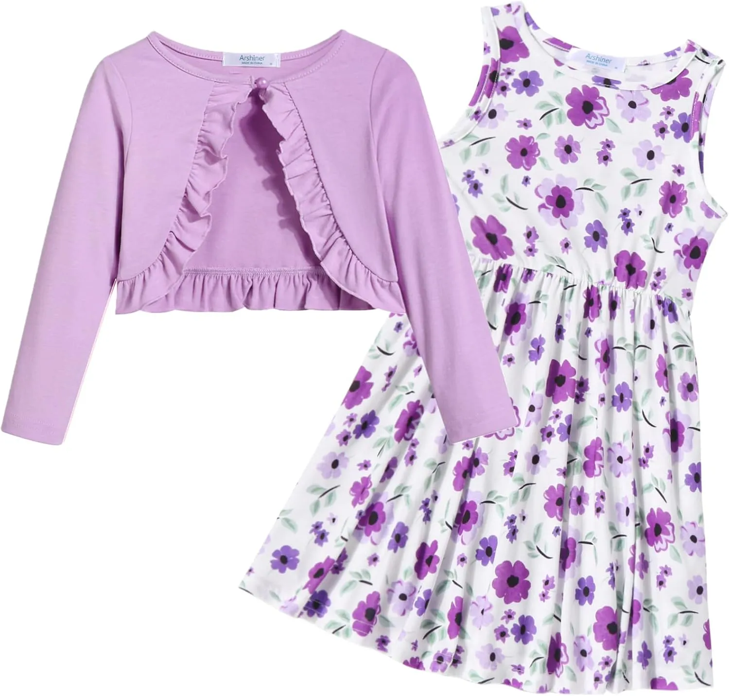 Arshiner Toddler Dress and Cardigan Girl Floral Print Sleeveless Sundress and Long Sleeve Shrugs Sets
