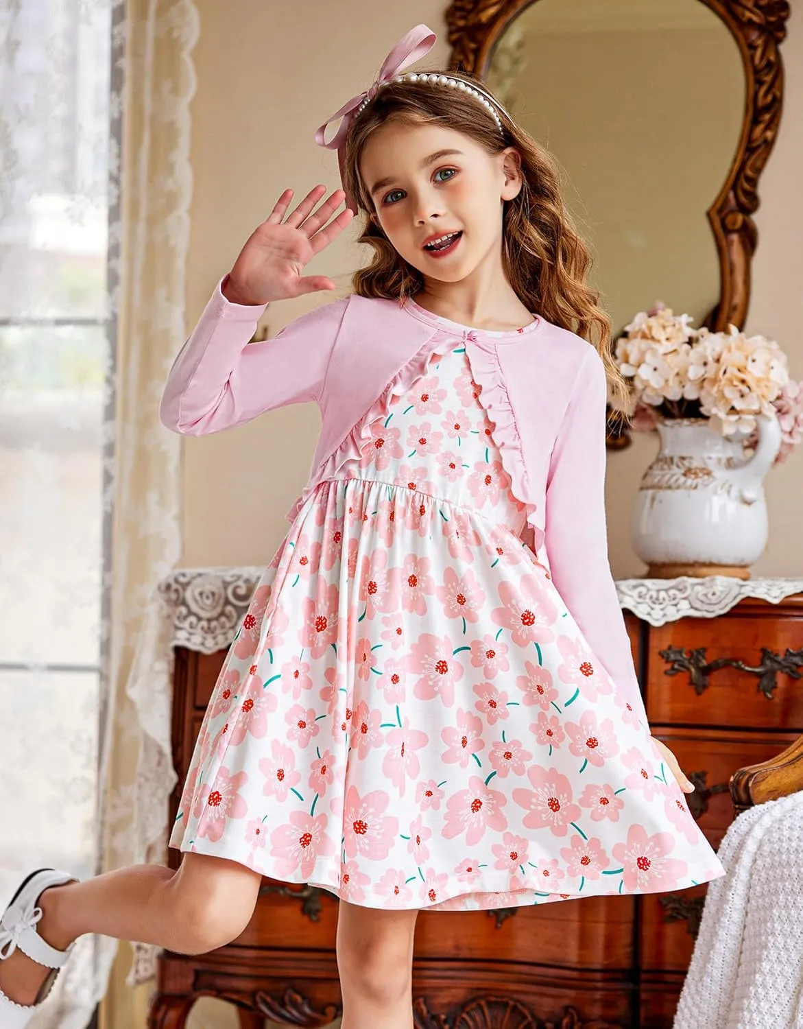 Arshiner Toddler Dress and Cardigan Girl Floral Print Sleeveless Sundress and Long Sleeve Shrugs Sets