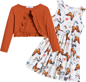 Arshiner Toddler Dress and Cardigan Girl Floral Print Sleeveless Sundress and Long Sleeve Shrugs Sets
