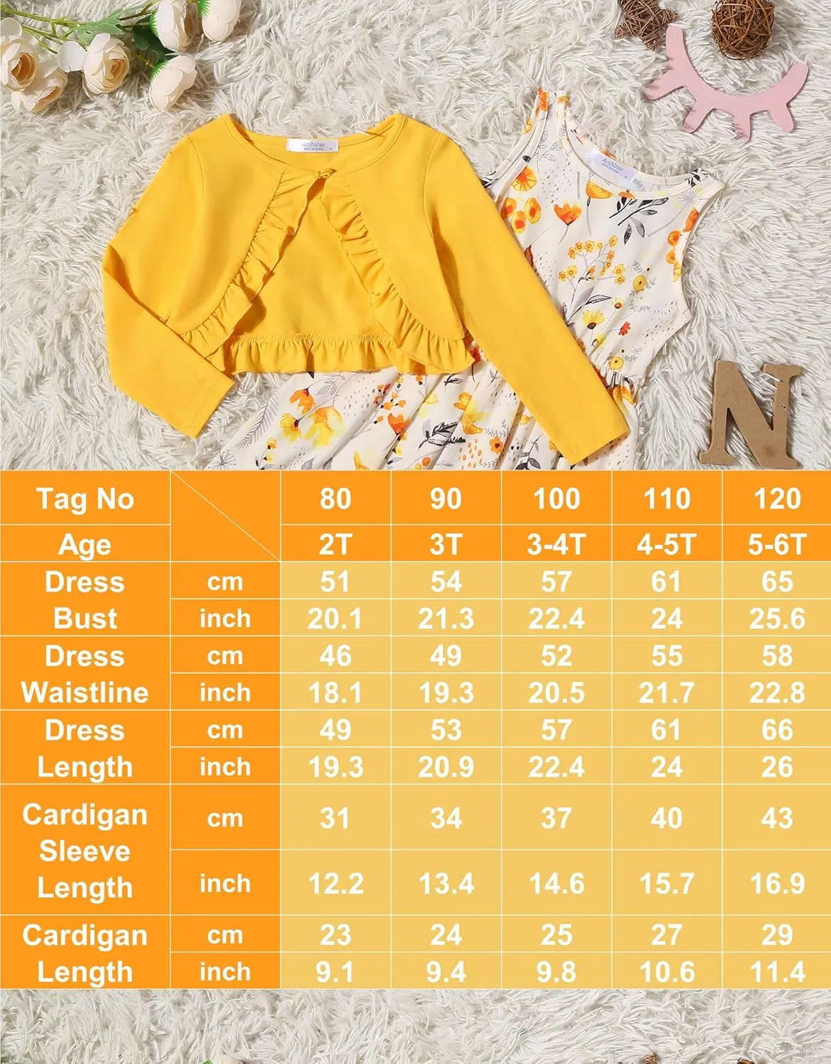 Arshiner Toddler Dress and Cardigan Girl Floral Print Sleeveless Sundress and Long Sleeve Shrugs Sets