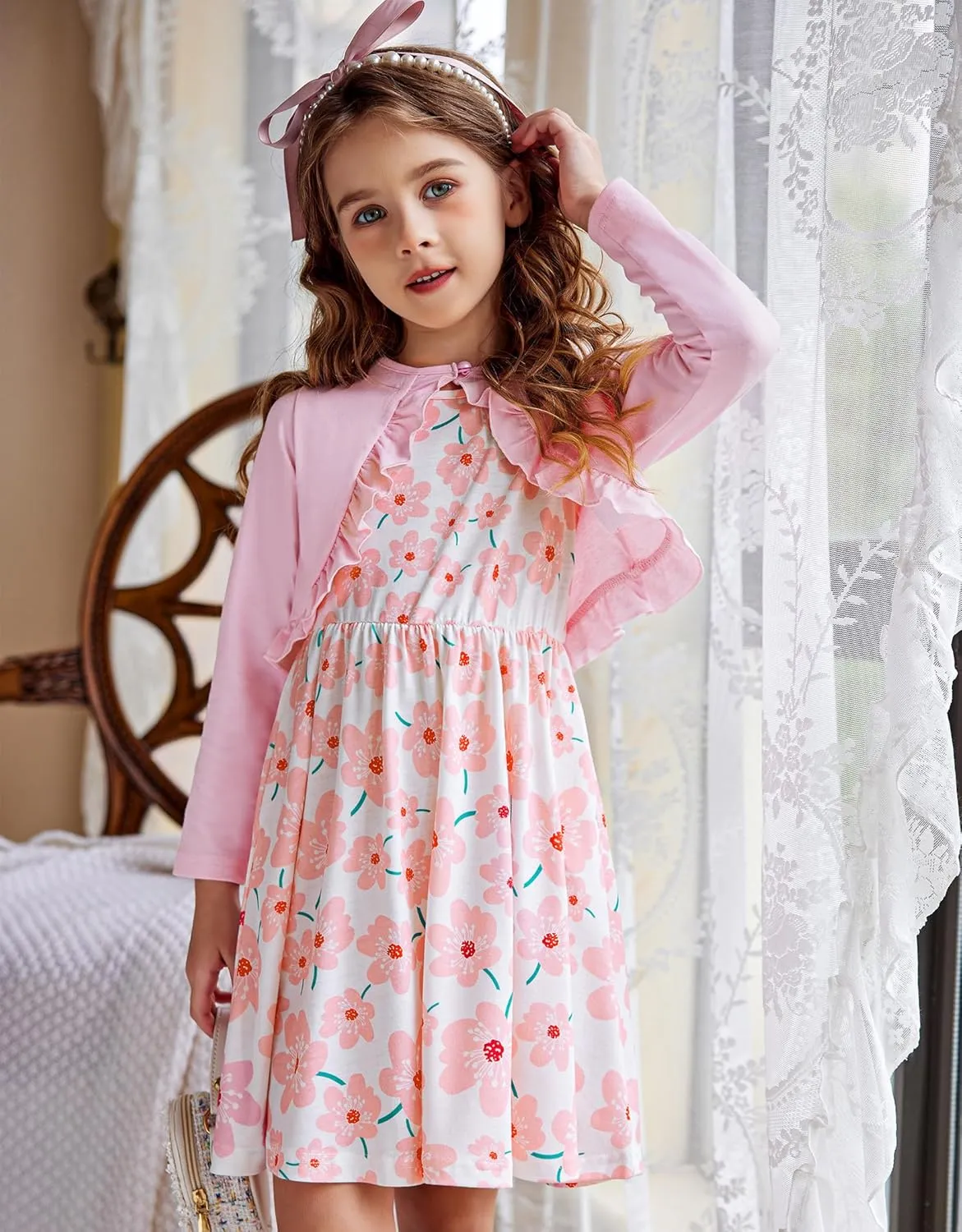 Arshiner Toddler Dress and Cardigan Girl Floral Print Sleeveless Sundress and Long Sleeve Shrugs Sets