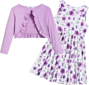 Arshiner Toddler Dress and Cardigan Girl Floral Print Sleeveless Sundress and Long Sleeve Shrugs Sets