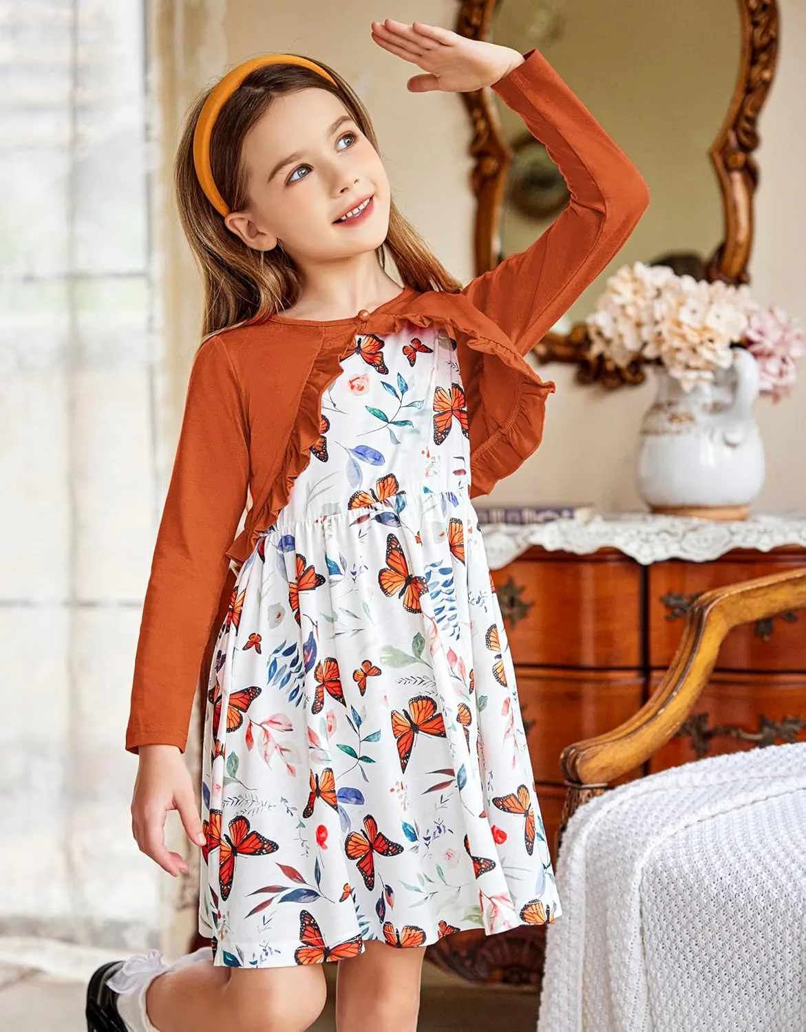 Arshiner Toddler Dress and Cardigan Girl Floral Print Sleeveless Sundress and Long Sleeve Shrugs Sets