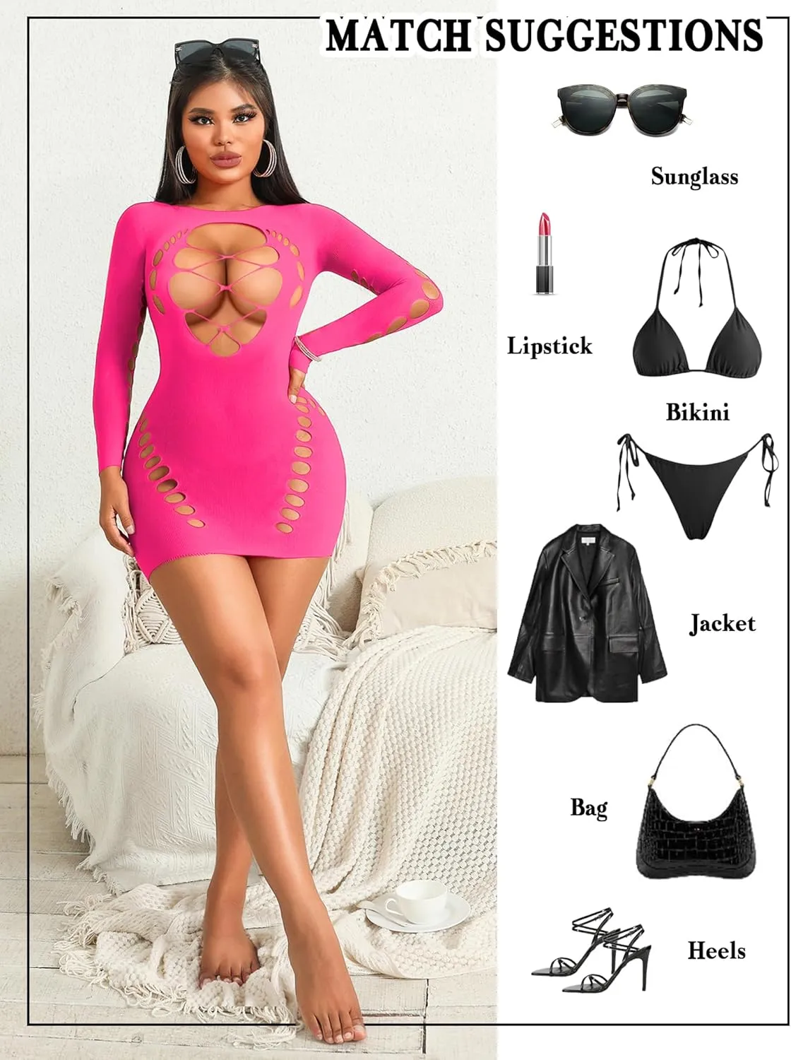 Avidlove Fishnet Lingerie for Women Sexy Long Sleeve Mesh Badydoll Chemise Lingeries Dress Hollow Out Outfits