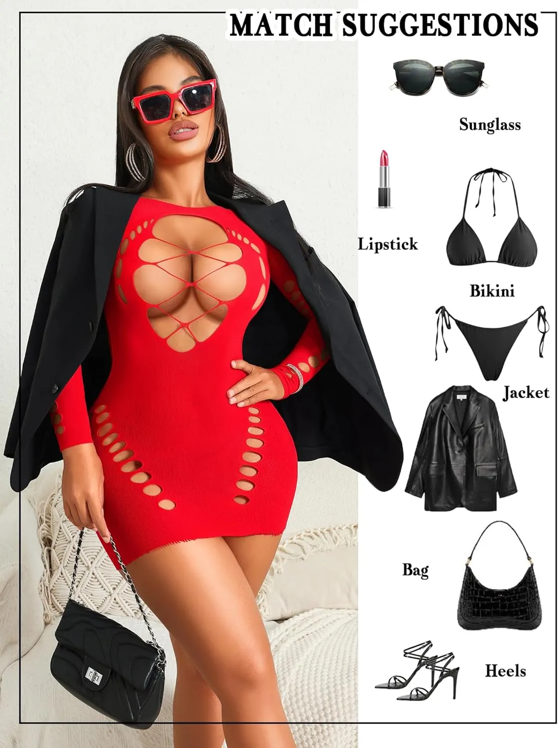 Avidlove Fishnet Lingerie for Women Sexy Long Sleeve Mesh Badydoll Chemise Lingeries Dress Hollow Out Outfits