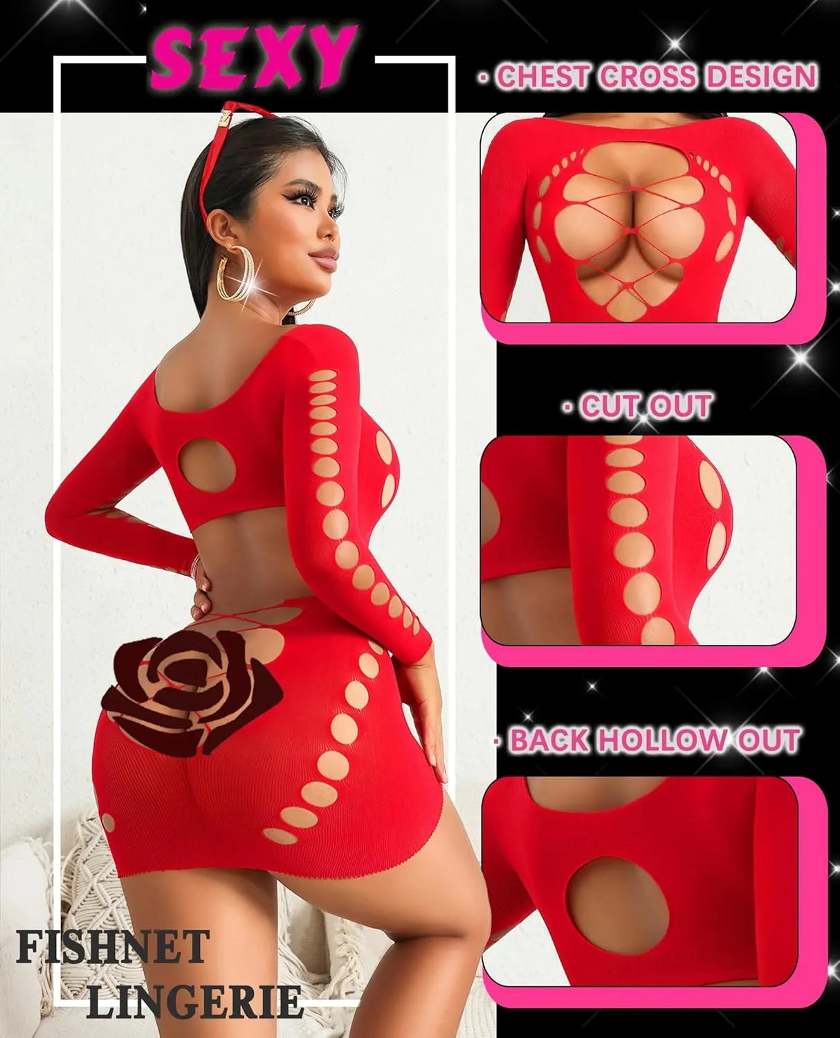 Avidlove Fishnet Lingerie for Women Sexy Long Sleeve Mesh Badydoll Chemise Lingeries Dress Hollow Out Outfits